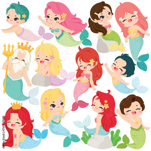 Vector Cute Mermaid Clip Art Set Girl Merman King Sea Fantasy Character Illustration Isolated on White Background Graphic Nursery Kids