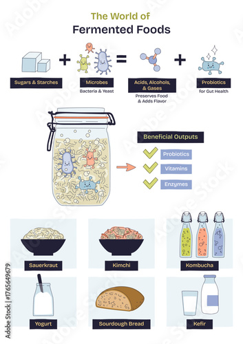 World of fermented foods, microbes in a jar turn sugars into probiotics, with sauerkraut and kimchi illustrating the process and benefits. Doodle style diagram