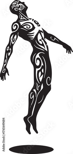Ascension Silhouette: Tribal Tattooed Figure Leaps Upward into t