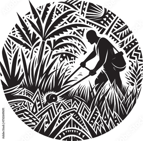 Intricate Black and White Illustration of a Person Working in a