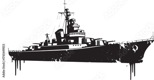 Stylized silhouette of a warship illustration on an isolated whi