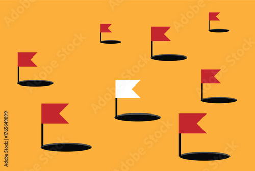 Flags Mark Obstacles One Flag is Different Color on Colorful Background. Business idea and successfully overcoming difficulties signs