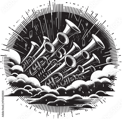 Illustration of Trumpets in a Circle Design with Clouds and Burs