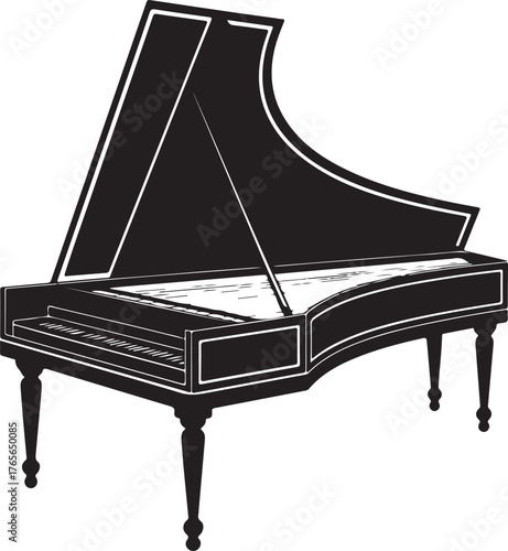 black silhouette of harpsichord on white background, vector