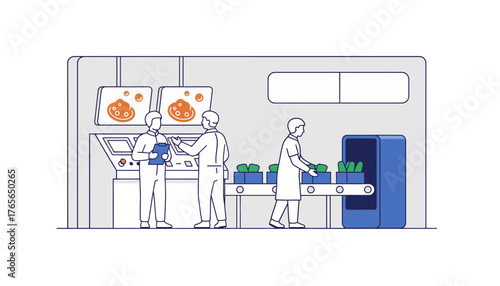 Factory workers monitor automated production line and large screens while packaging goods on a conveyor belt, showcasing modern industrial automation and process control on transparent background