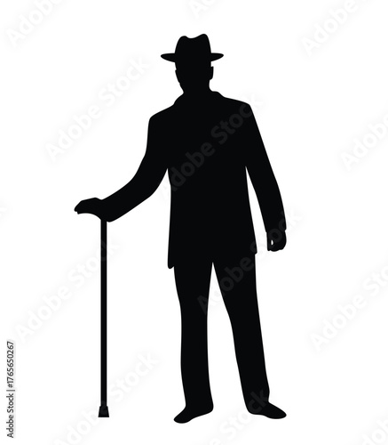 Gentleman Silhouette in Coat with Cane and Hat Isolated on White. People and activities, history and vintage fashion vector art
