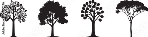 Minimalist black tree silhouette vector set featuring diverse tree shapes and foliage styles — perfect for environmental graphics, landscape design, nature logos, eco posters, and botanical illustrati