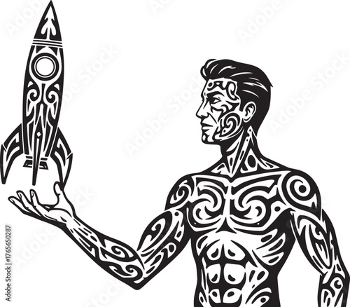 Tribal tattooed man balancing rocket, symbolizing ambitions and