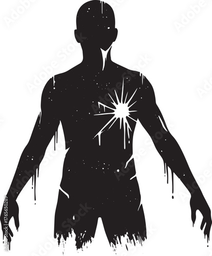 Silhouette of a figure with an internal cosmic burst radiating o