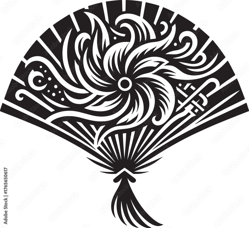 Obraz premium Elegant Black and White Vector Illustration of a Decorative Fan