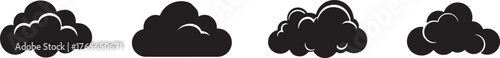 Minimalist black cloud icon vector set showing simple weather shapes in modern silhouette style — perfect for weather forecast apps, climate graphics, web design, and logo creation.