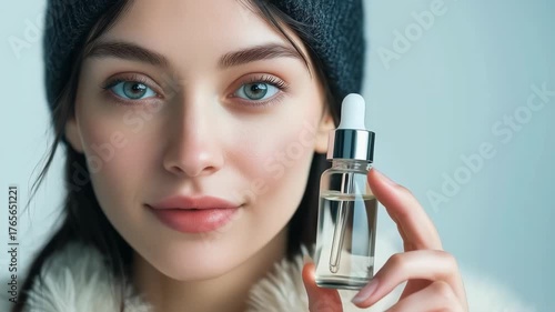 Woman gently holding a facial serum bottle, highlighting skincare and beauty routines.