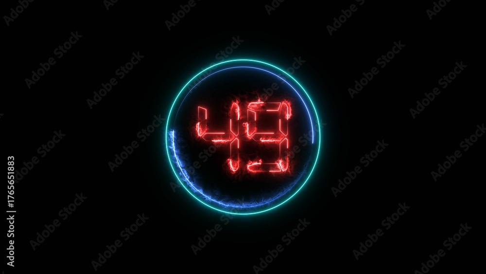 Obraz premium Number 49 neon bright red color 4k illustration. Abstract neon bright circle frame on black background.