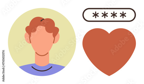 Profile avatar, secure password field, and heart icon. Ideal for identity safety, privacy, authentication, online relationships, self-care security awareness digital connection. Simple flat