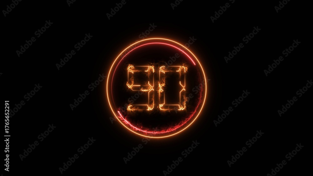 Obraz premium Number 90 neon bright orange color 4k illustration. Abstract neon bright circle frame on black background.