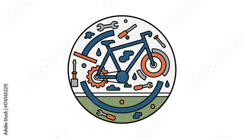 Bicycle repair concept illustration showing various tools, wrenches, screwdrivers, and gear parts around a bike within a circular badge on a transparent background