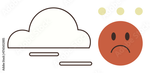 Sad red frown emotion under cloud and dreary atmosphere with floating lines. Ideal for mood, weather, mental health, negativity, atmosphere, unhappiness, anxiety. Simple flat metaphor