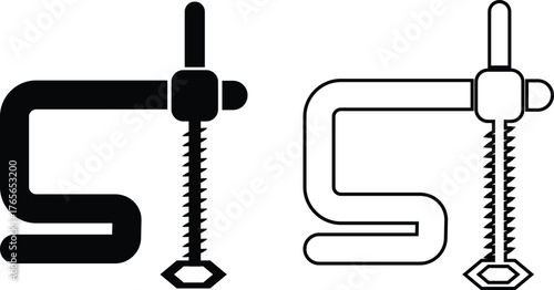 Black clamp tool icon set, C-clamp and vise symbol collection, metalwork and carpentry equipment group in flat and line outline style, industrial construction, mechanic, and workshop vector design