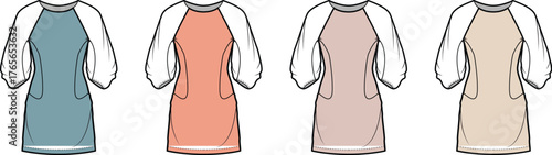 A collection of women's dress fashion flats featuring raglan puff sleeves and side pockets, presented in four different color options for apparel design concepts