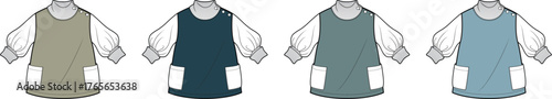 Four different illustrations of pinafores with pockets and puff sleeves, perfect for children's clothing or fashion design concepts