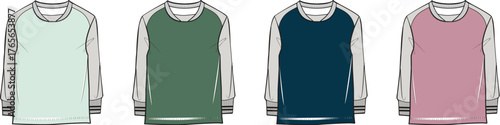 Flat fashion illustration of four long-sleeved raglan t-shirts in different color variations, showcasing a clean design perfect for apparel mockups and garment templates