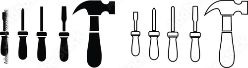 Black handyman tools icon set, construction and repair equipment collection, carpentry and workshop instrument in flat and line outline style, mechanical, industrial and DIY tool vector illustration