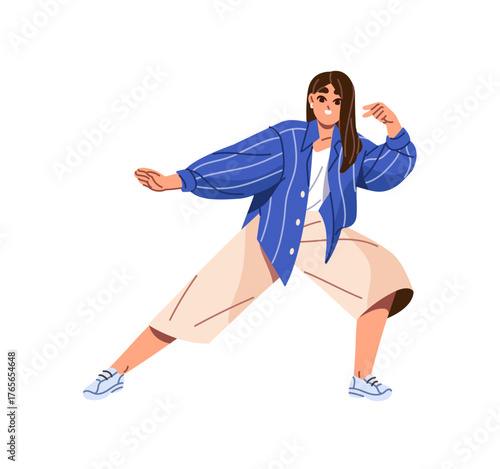 Joyful girl is showing sign of peace and victory. Happy young woman is greeting with hand gesture. Excited teen person has fun and rejoices. Flat isolated vector illustration on white background