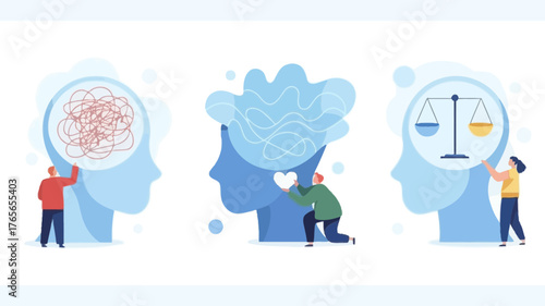 Conceptual illustration of mental health and well being with three distinct human heads representing different psychological states and processes