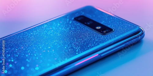 Sleek blue smartphone with shimmering glitter and vibrant neon light accents, showcasing modern tech.