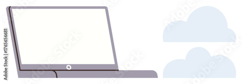 Open laptop with white screen next to soft blue cloud shapes, representing technology, digital work, cloud computing, storage, online collaboration, remote work, simple flat metaphor