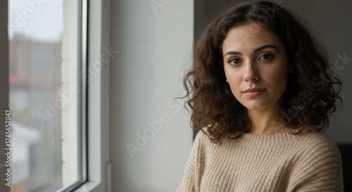 Young woman looking thoughtfully out of window during winter Free Download Young woman looking thoughtfully out of window during winter - GFXLoad