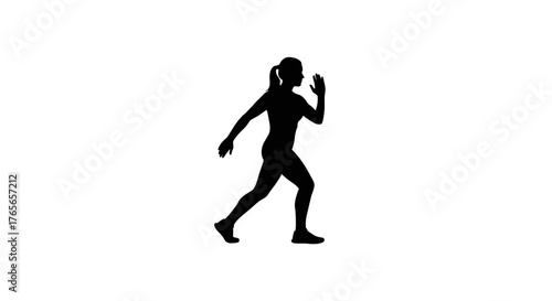 Black silhouette of an athletic woman jogging on a white background.