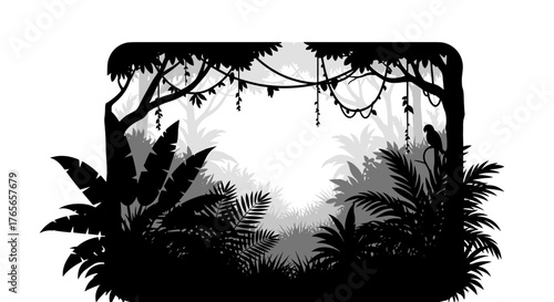 Jungle Silhouette Frame with Lush Tropical Foliage and Vines.