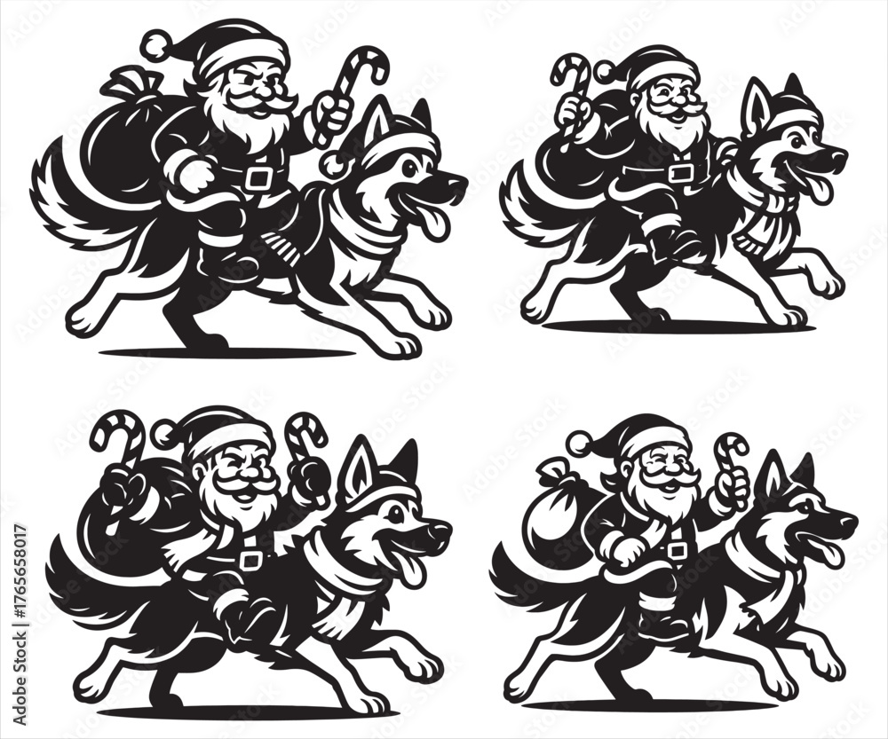 Fototapeta premium Santa Claus Riding German Shepherd Dog Christmas Vector Set | Festive Santa with Candy Cane and Gift Bag | Holiday Pet Illustration Collection