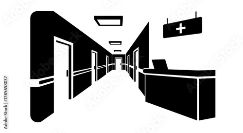 Monochrome vector illustration of a hospital corridor interior.