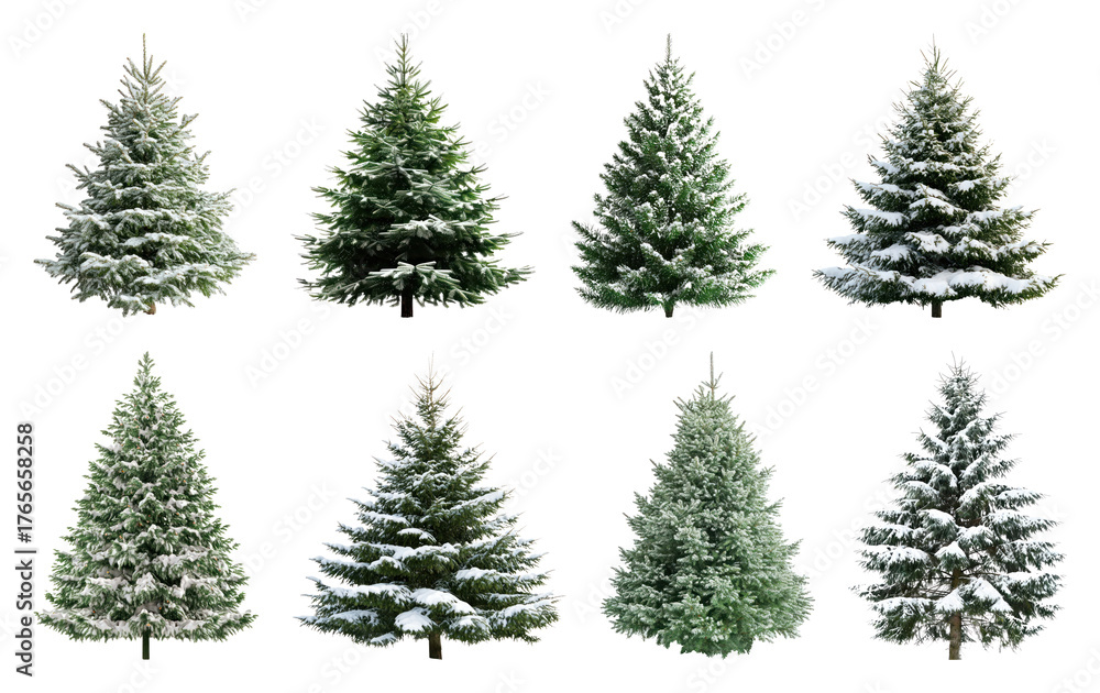 Fototapeta premium PNG Snow-covered evergreen trees variety, element set on transparent background