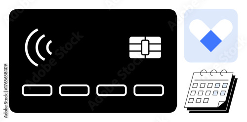 Contactless card featuring chip and wireless signal symbol next to a calendar and app icon. Ideal for digital wallet, healthcare payment, subscription, scheduling, accessibility, contactless