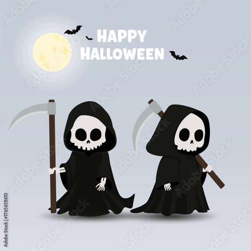 A playful vector illustration for A charming vector illustration for Happy Halloween featuring two cute, cartoon Grim Reapers with scythes under a full moon and bats. Vector illustration.