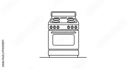 Simple line art illustration of a modern kitchen stove with oven and burners.