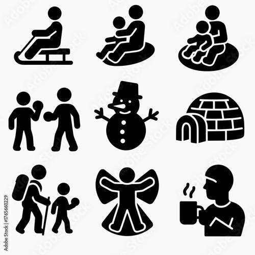 Winter activities silhouette icon set. featuring sledding, tubing, snowball fight, snowman, igloo, hiking, snow angel, hot drink