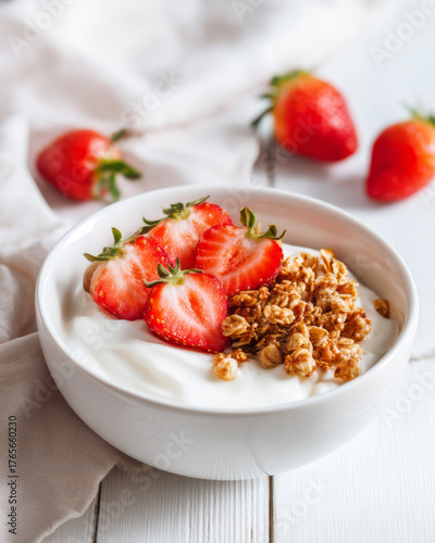 Wallpaper Mural Yogurt bowl with granola and strawberries styled in airy white setup Torontodigital.ca