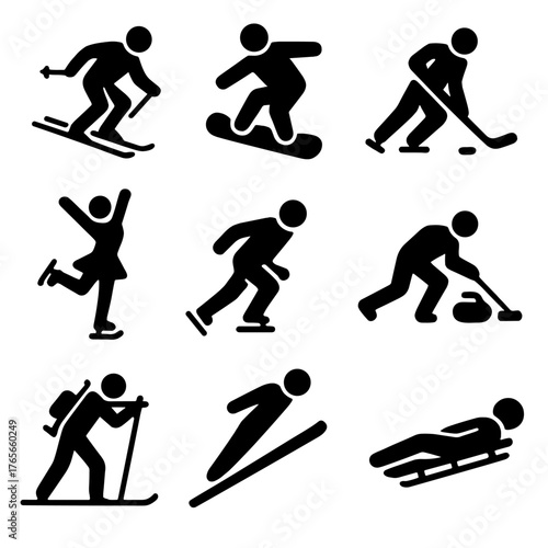 Winter sports silhouette icon set. featuring skiing, snowboarding, ice hockey, ice skating, curling, and ski jumping symbols