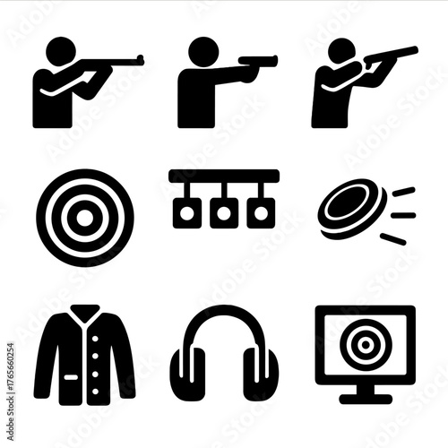 Shooting sport silhouette icon set. featuring rifle, pistol, trap, target, skeet, vest, headphones, and monitor symbols