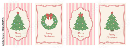 Christmas retro vintage card set with hand-drawn trees, bows, ribbons, and a wreath, whimsical line frames.A minimalist vector art for festive posters, covers, banners, and placards.