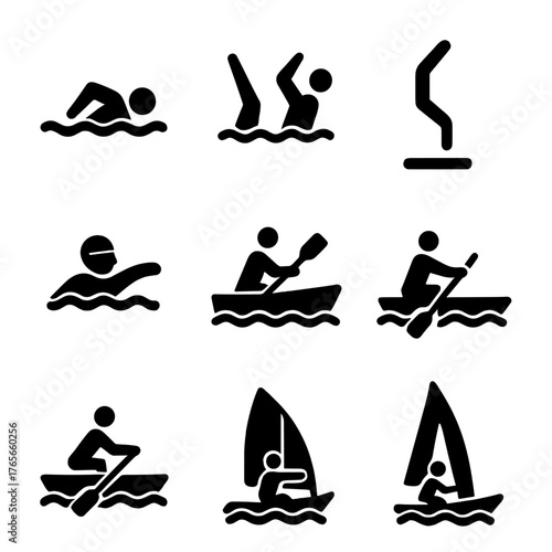 Water sports silhouette icon set. swimming, diving, rowing, sailing, kayaking