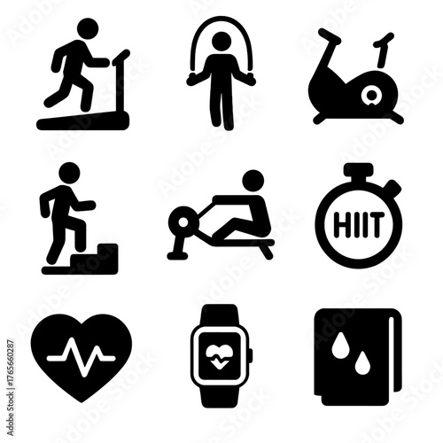 Fitness activities silhouette icons set. featuring treadmill, jump rope, cycling, step, rowing, hiit, heart rate, smartwatch, hydration