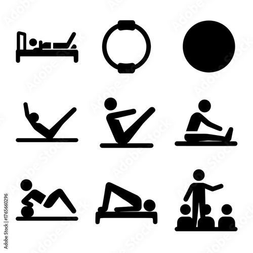 Fitness silhouette icon set. featuring bed, ring, ball, exercise, stretch, yoga, trainer symbols