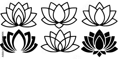 Set of six stylized lotus flower icons in black line art and silhouette styles, ideal for yoga and spiritual wellness designs