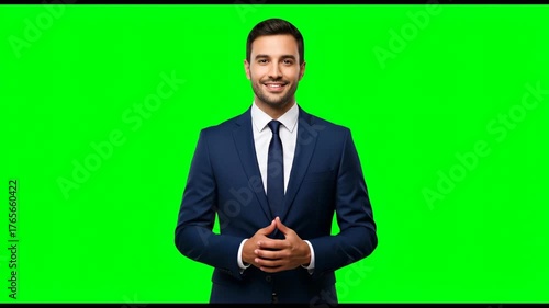Young Confident Businessman Talking and Gesturing on a Green Screen.