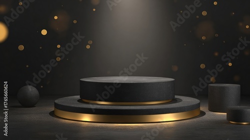 Black Friday banner background featuring a podium platform with black and gold elements on a dark scene for product display